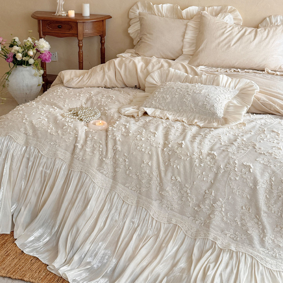 Rüschend Floral Bestickte Leinen Bettwäsche Set