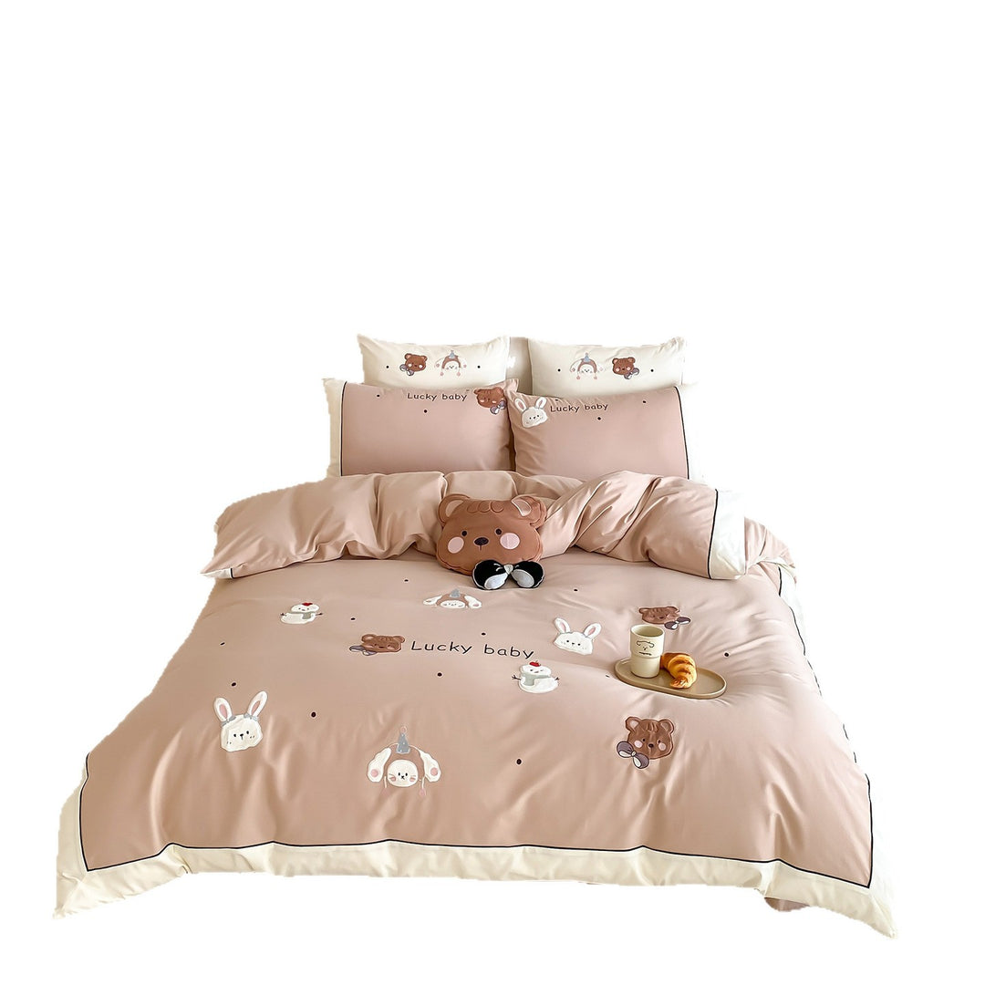Kinderbettwäsche-Set aus atmungsaktiver Mikrofaser mit gestickten Tierapplikationen und Extra-Kopfkissen