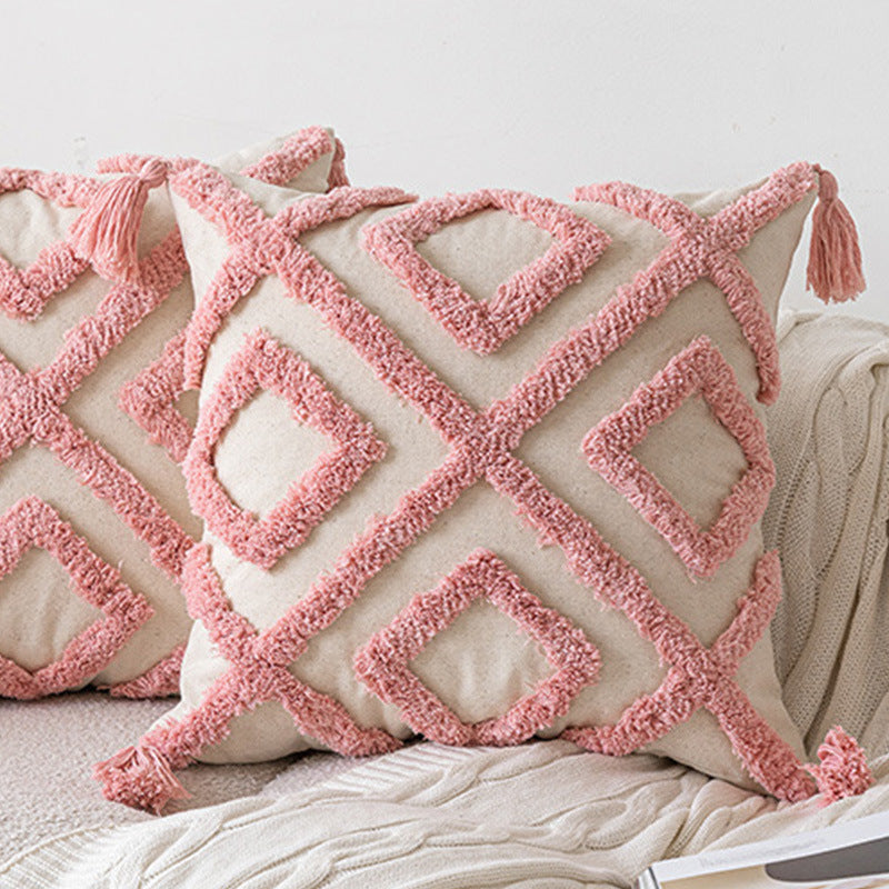 Quadratischer Boho-Zierkissenbezug mit handgetuftetem Bogenrelief, Baumwoll‑Leinen‑Mix und Eckquasten Karnz