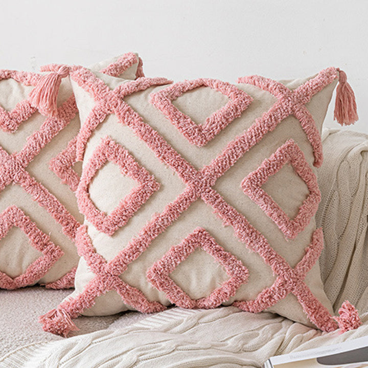 Quadratischer Boho-Zierkissenbezug mit handgetuftetem Bogenrelief, Baumwoll‑Leinen‑Mix und Eckquasten Karnz