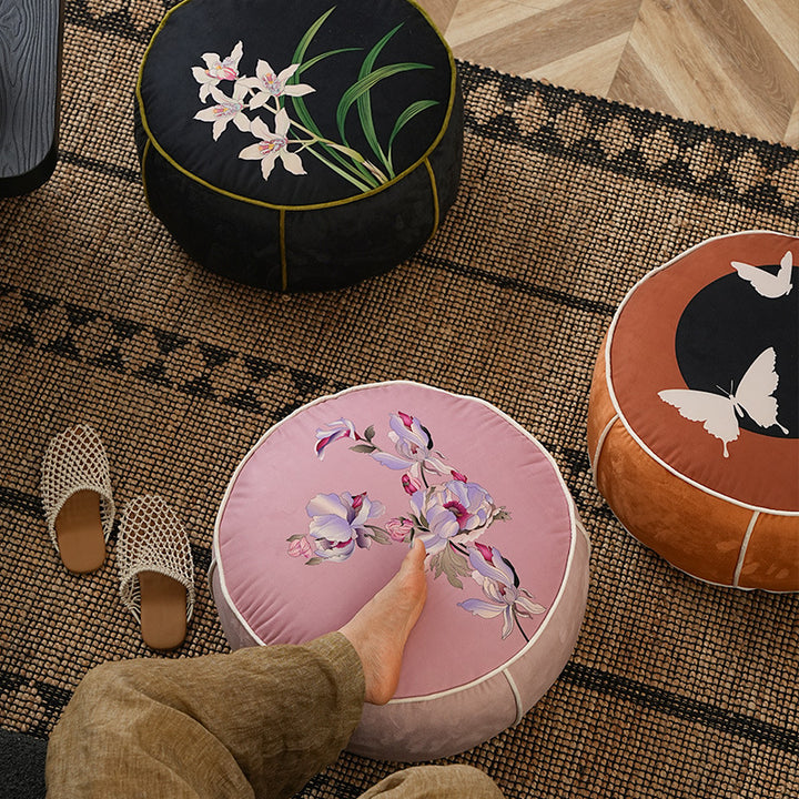 runder Bodensitzpouf mit Schmetterlingsmotiv und robustem Canvasbezug Karnz