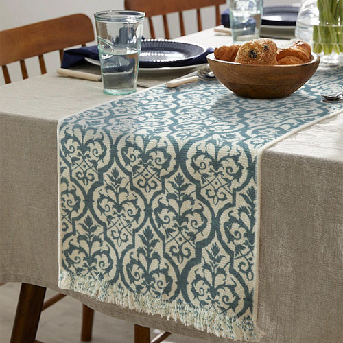 Gewebter Tischläufer mit Blumenjacquard, Fransen und Baumwollmix