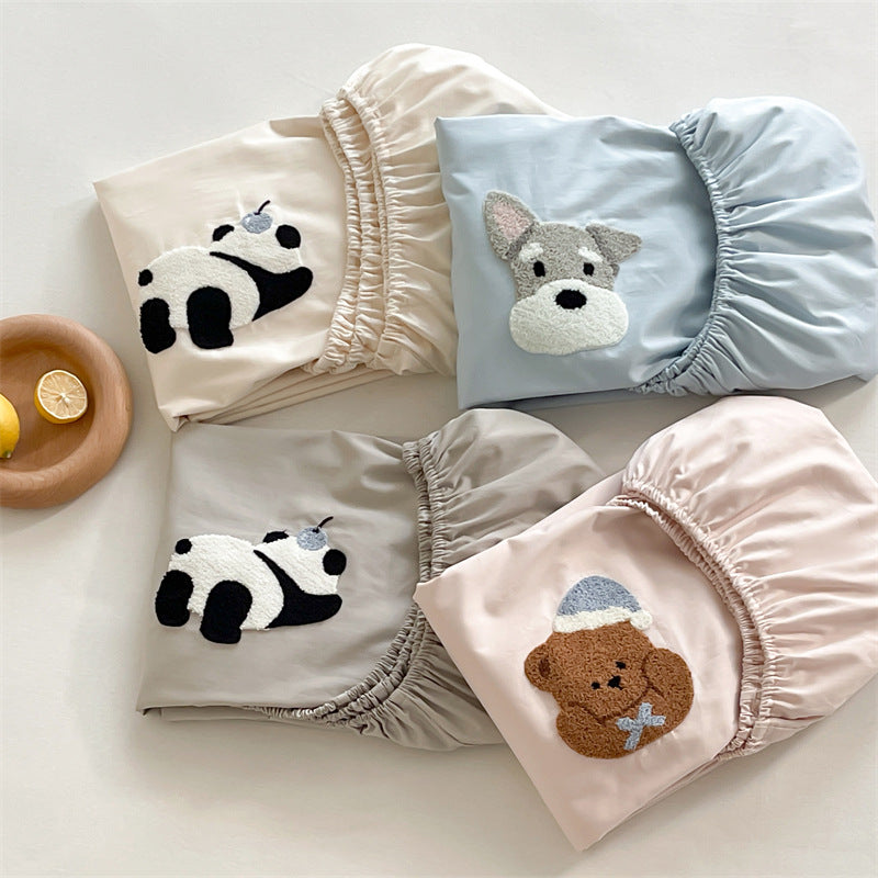 Besticktes Panda-Satin-Kissenbezug- und Spannbettlaken-Set