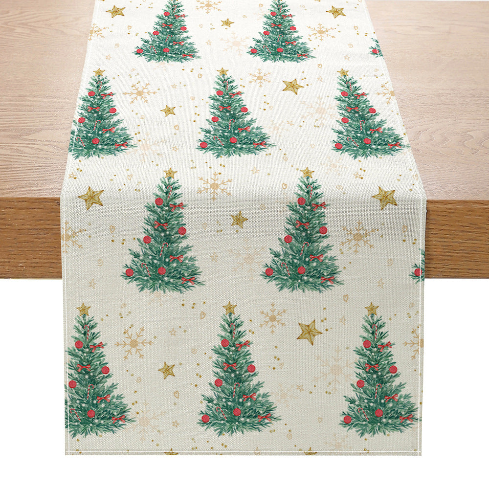 Festive Buffalo-Check Leinen-Textur Weihnachts Tischläufer mit Baum und Schaukelpferd Druck