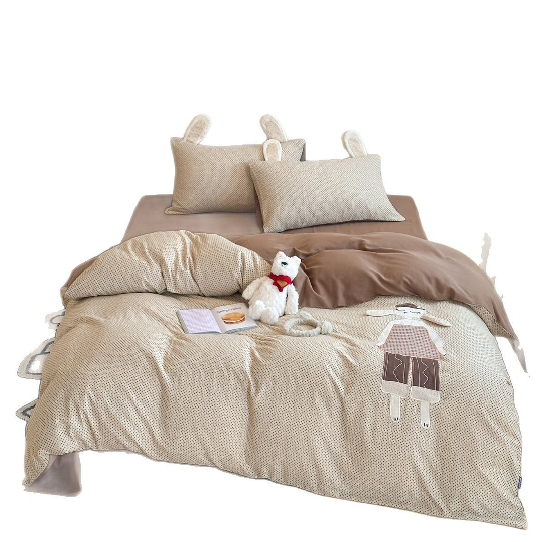 Wende-Baumwollmischung-Bettbezug-Set mit Applikation von Hasenohren & Patchwork-Puppenakzent