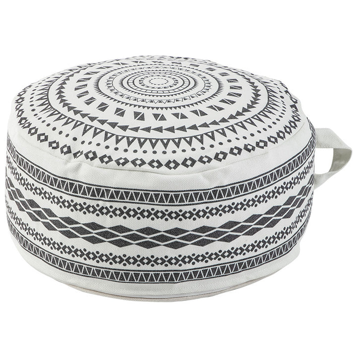 Runder Sitzpouf aus robustem Baumwollmix mit Ethno-Mandala‑Print und Tragegriff