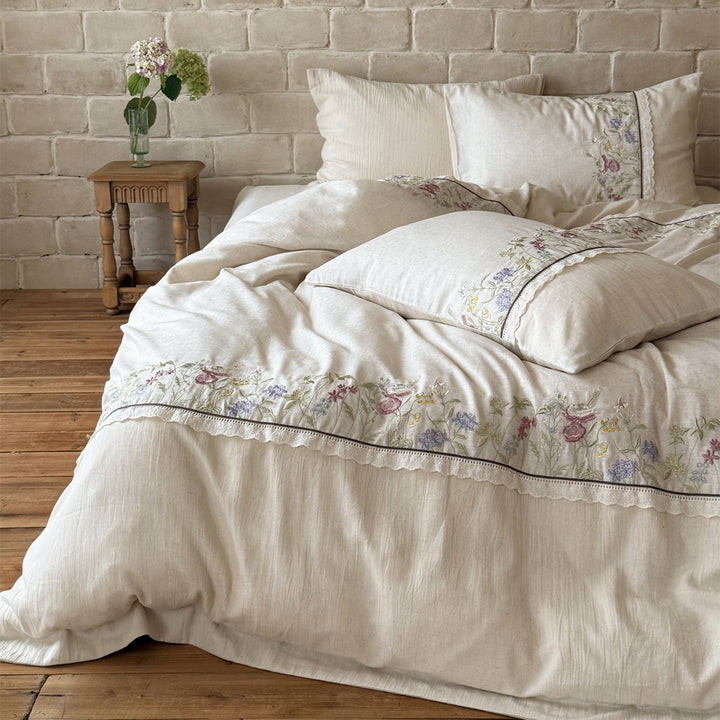 Ländlichen Stil Botanisch Gestickte Leinen-Feeling Bettbezug Ensemble mit Wellenförmiger Spitzenbordüre
