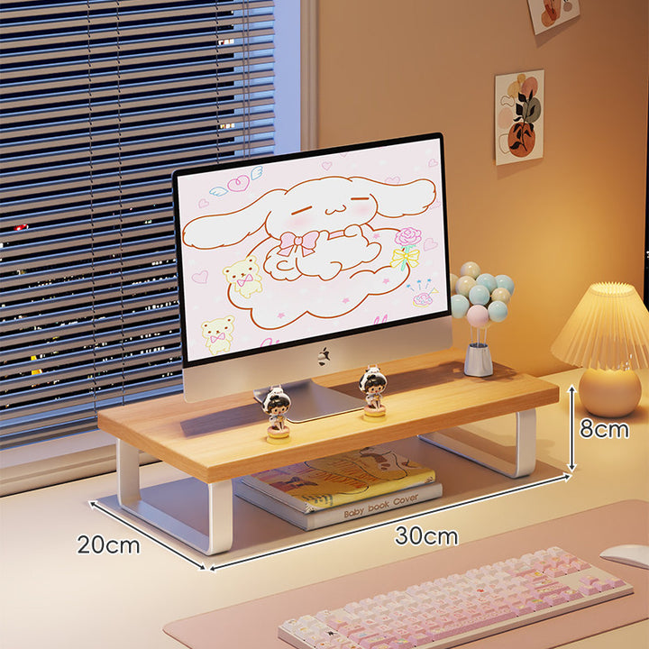 Kompakte Holz-Desktop-Monitorerhöhung mit Metallbeinen und unterer Ablagefläche