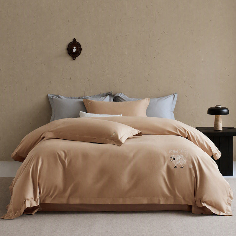 Minimalist Bestickte Lammbaumwolle Satin Bettbezug Ensemble