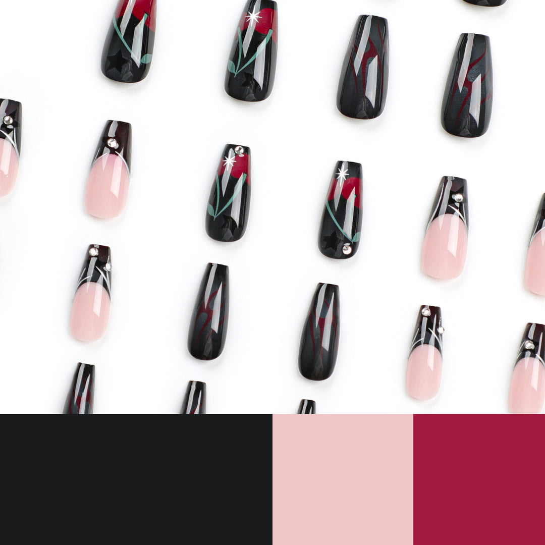 Kunstvolle Nagelkunst mit eleganten Glitzerakzenten und floralem Design Karnz