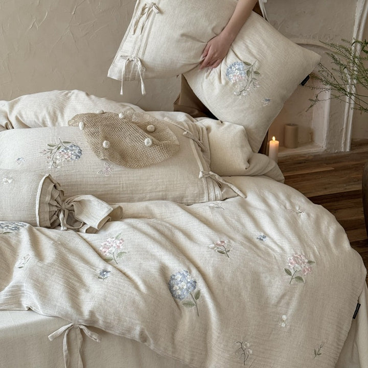 Handgenähtes florales Baumwollgaze Bettbezug und Krawatten-Sham-Set
