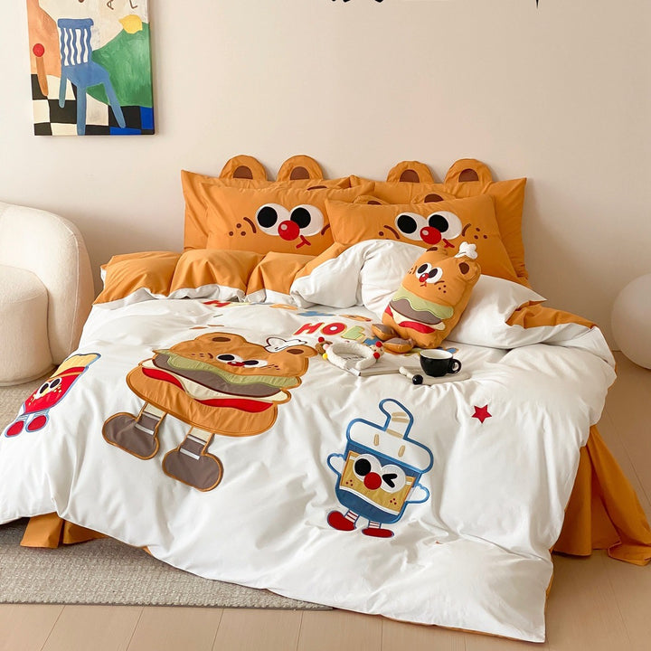 Kinder Cartoon Katze Baumwollsatin Bettbezug Set mit ohrförmigen Kissenbezügen und plüschigem Akzentkissen