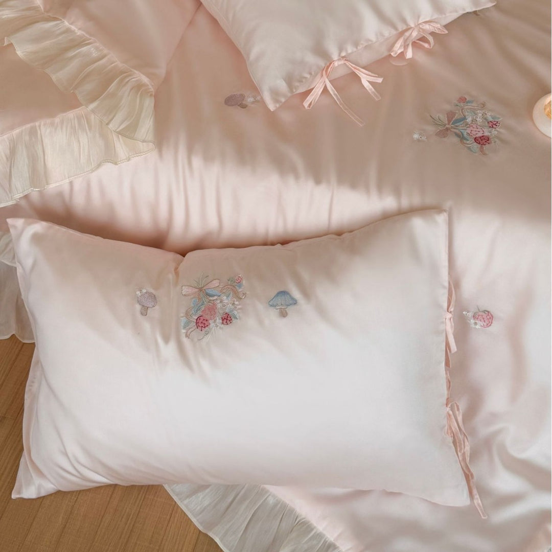Luxury Satin Embroidered Ruffled Duvet Cover Set