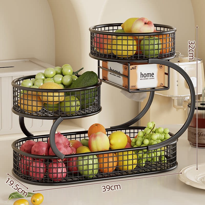 Mehrere Ebenen Spiralförmiger Metall Obst- und Gemüse Lagerstand mit Netz Körben und Taschentuch Box Regal