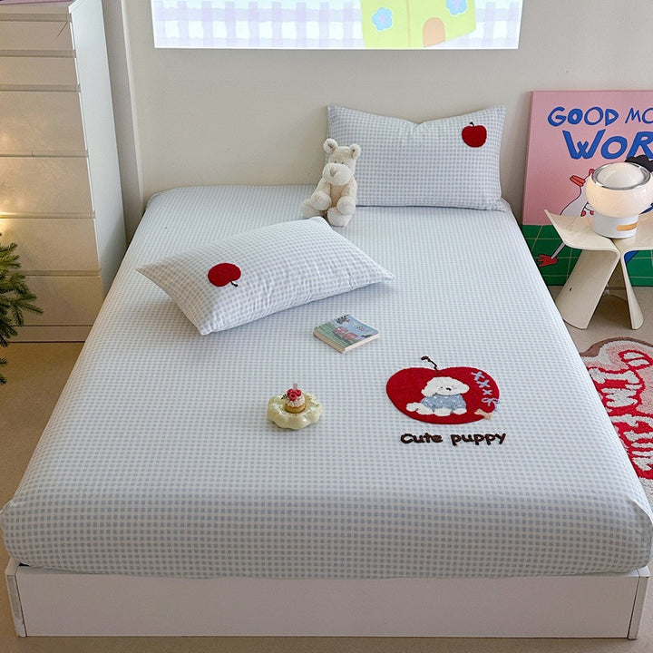 Gingham-Check-Baumwoll-Spannbettlaken und Kissenbezug Bettwaren-Set mit gesticktem Teddy