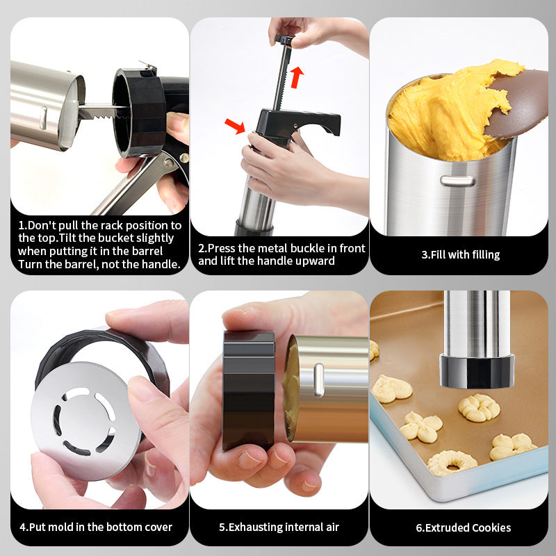 Cookie Press & Decorating Gun with Stainless Steel Cylinder Twelve Pattern Discs and Nine Icing Nozzles