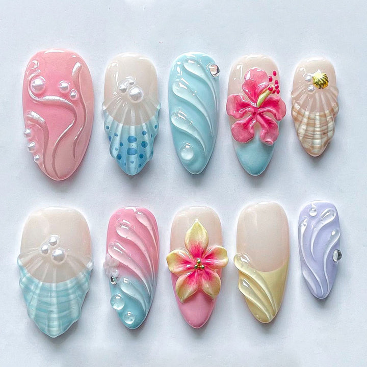 Dekorative 3D Blumen- und Muschel-Press-On-Nagelkunst Karnz