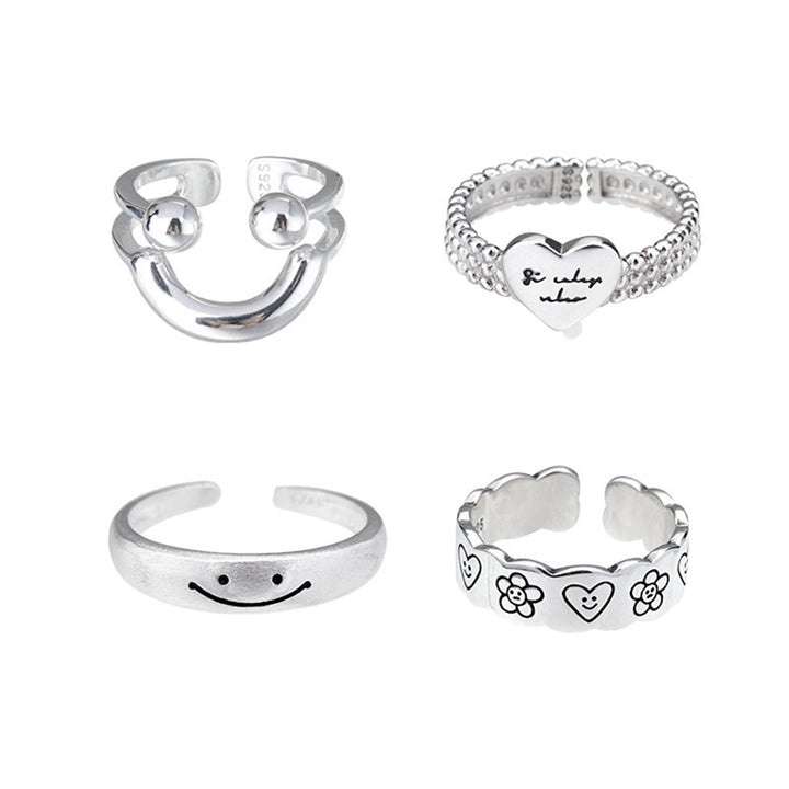Verstellbarer Silberner Blumenmuster Ring Karnz