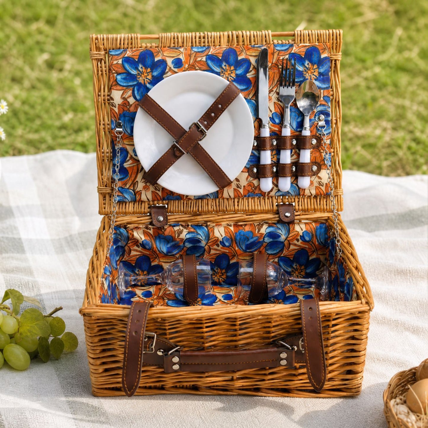 Damen Luxus Picknickkorb mit versetztem Geschirrfach und floralem Innenfutter Karnz