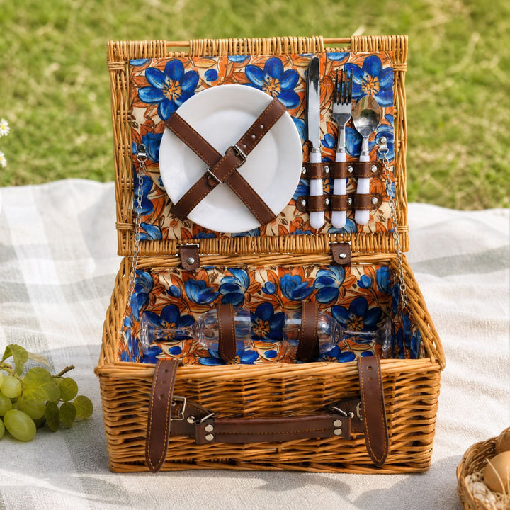 Damen Luxus Picknickkorb mit versetztem Geschirrfach und floralem Innenfutter Karnz
