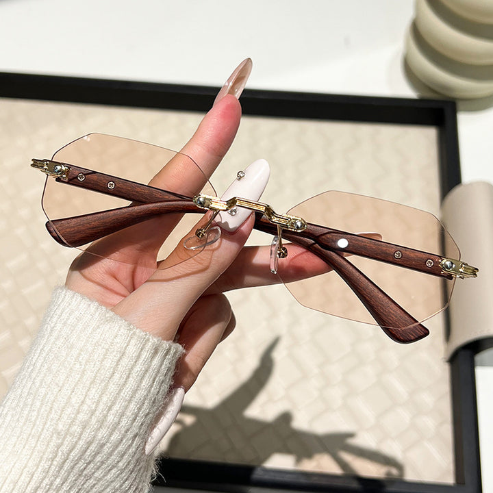 Damen futuristische Sonnenbrille mit geometrischem Rahmen und Holzdetails Karnz