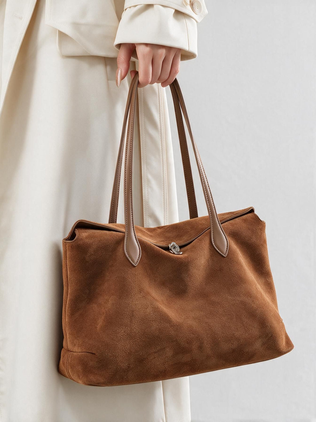 Wildleder Übersized Schlappige Tote-Tasche mit doppelten Ledergriffen