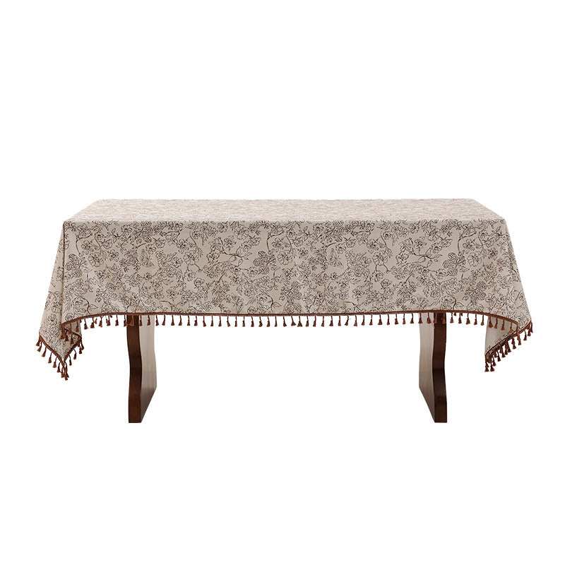 Rechteckige hochwertige Tischdecke aus Baumwoll‑Leinen mit handbedrucktem Blumenmuster und Quastenbordüre