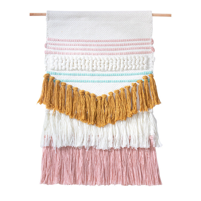 Handgewebter Wandbehang im Boho-Stil mit Quasten und geometrischer Struktur