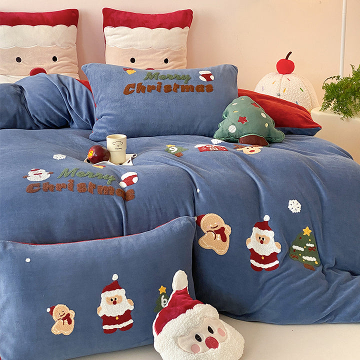Weihnachtliches Besticktes Plüsch Bettbezug Set