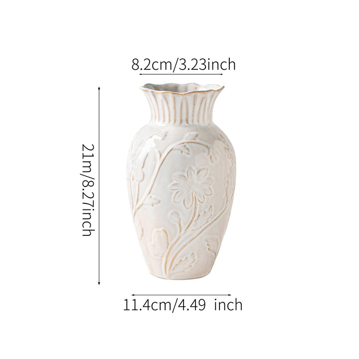 Dekorative gravierte Blumenmuster Keramik Knospenvase mit gewelltem Rand