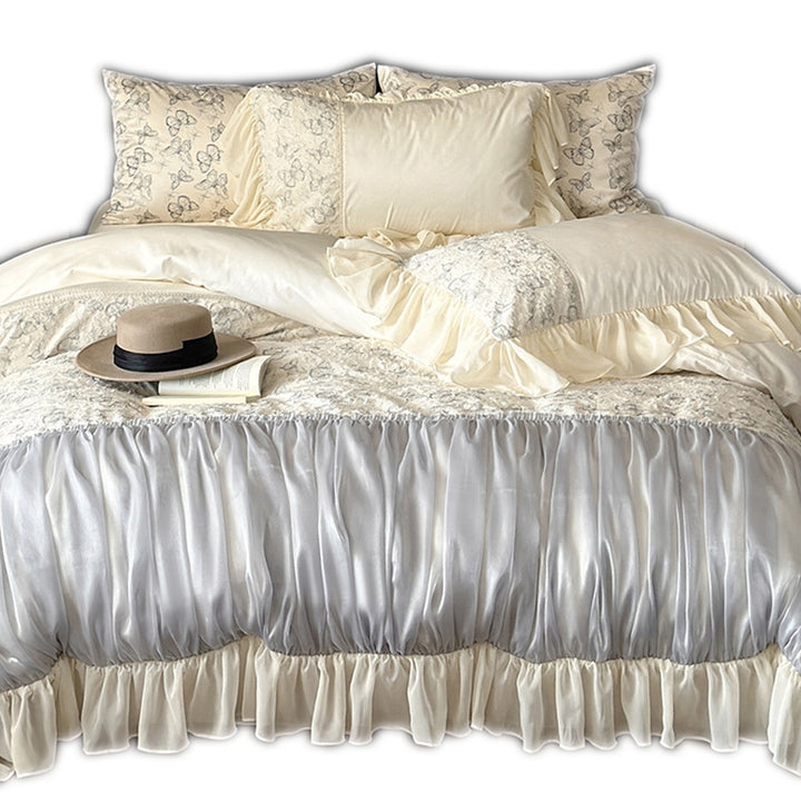 Luxus-Bettwäsche-Set mit gerafftem Satin-Dekor, floraler Jacquard-Bettdecke & Volant-Kissen