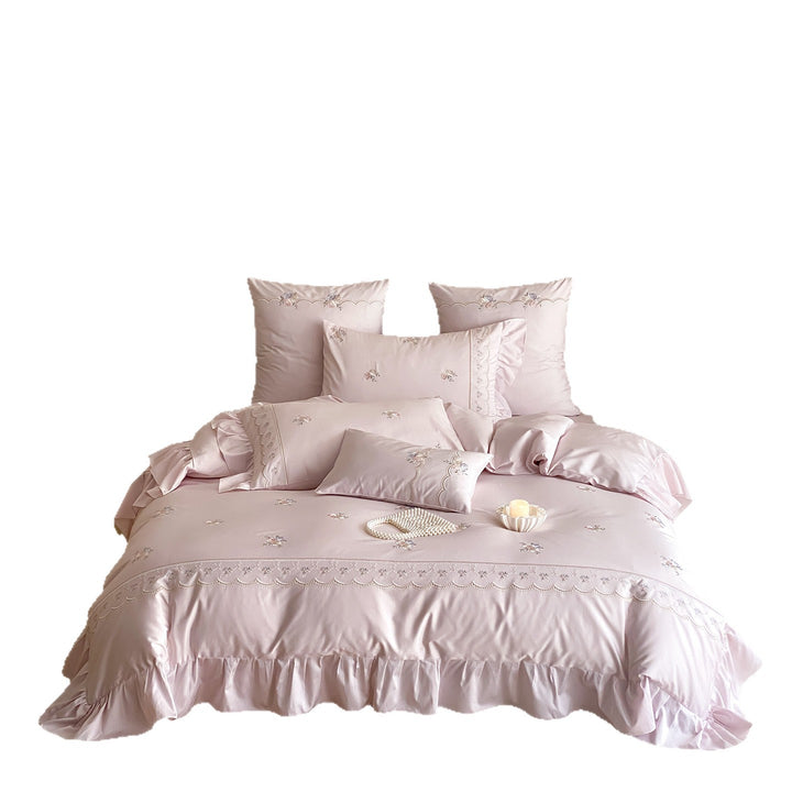 Luxuriöses Baumwollsatin-Bettwäsche-Set mit floraler Stickerei, Volant und Zierkissen