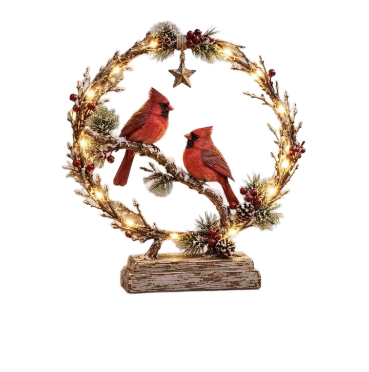 Dekorativer Weihnachtskranz mit Lichtern und Vögeln Karnz