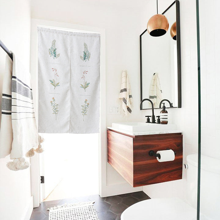 Geteilter Noren‑Vorhang aus Baumwoll‑Leinen mit botanischem Aquarellprint