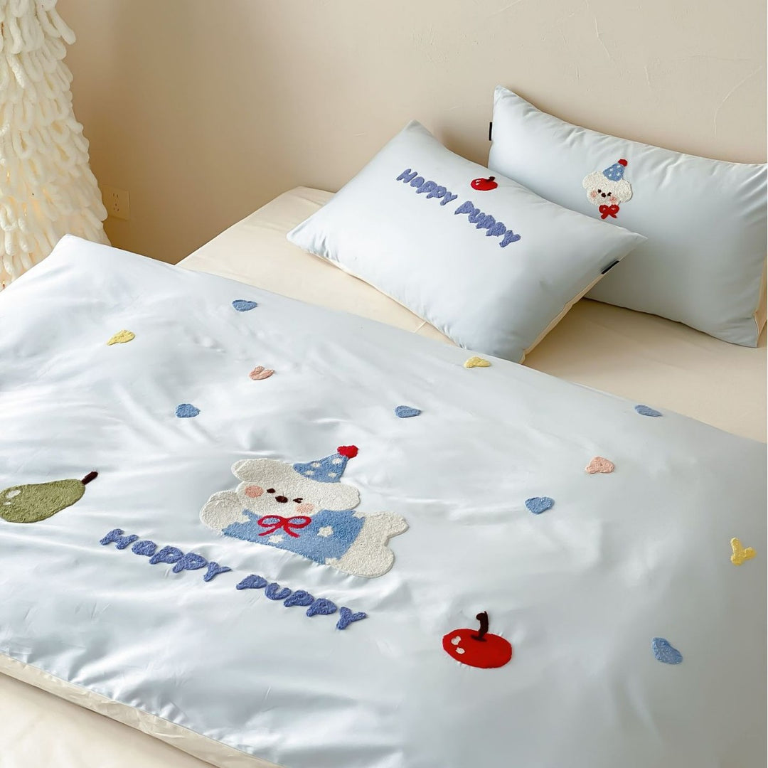 Besticktes Satin-Baumwoll-Bettbezug-Set mit Plüsch-Hundemotiv und Wendekissenbezügen