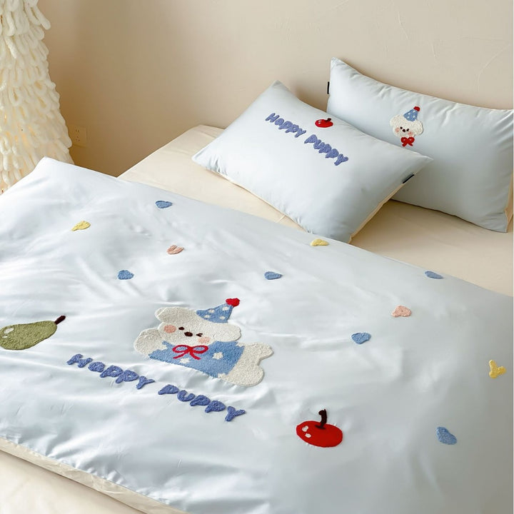 Besticktes Satin-Baumwoll-Bettbezug-Set mit Plüsch-Hundemotiv und Wendekissenbezügen