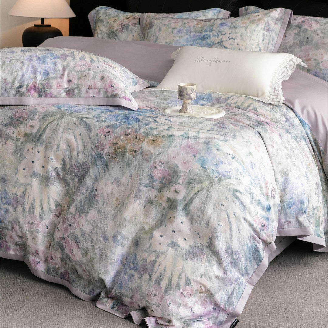 Luxus Aquarell Floral Gebürstet Mikrofaser Bettbezug Set mit Paspelbesatz