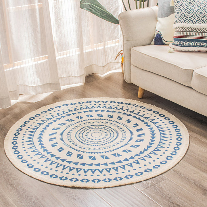 Runder Boho-Baumwollteppich mit Mandala‑Print und Fransenkante