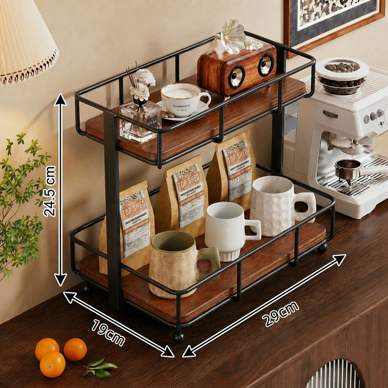 Dual-Tier Arbeitsplatten Kaffee- & Gewürzorganisator mit Metallschutz und Holzregalen