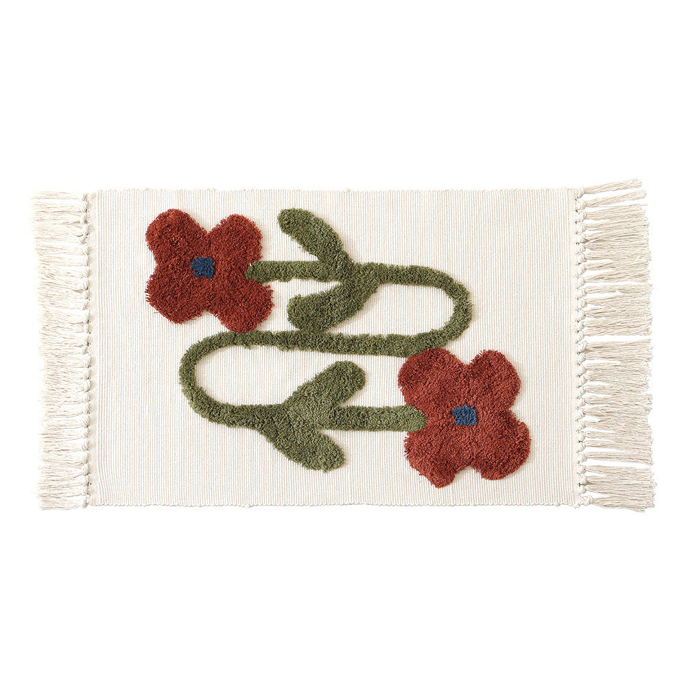 Handgewebter Baumwoll-Badmattenteppich mit Tufting-Blumenapplikation und Quasten Karnz