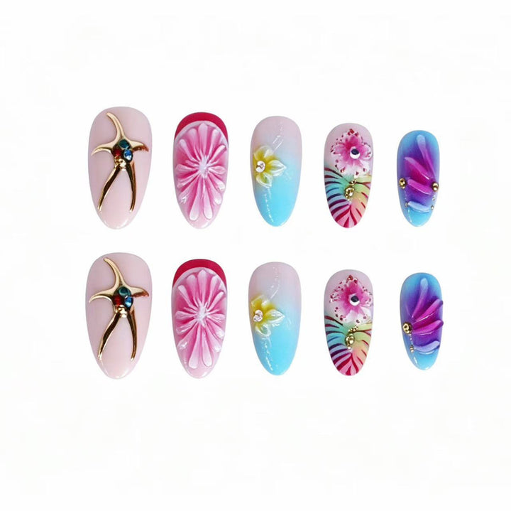 Künstlerisches Press-On Nail Set mit floralem 3D-Design Karnz