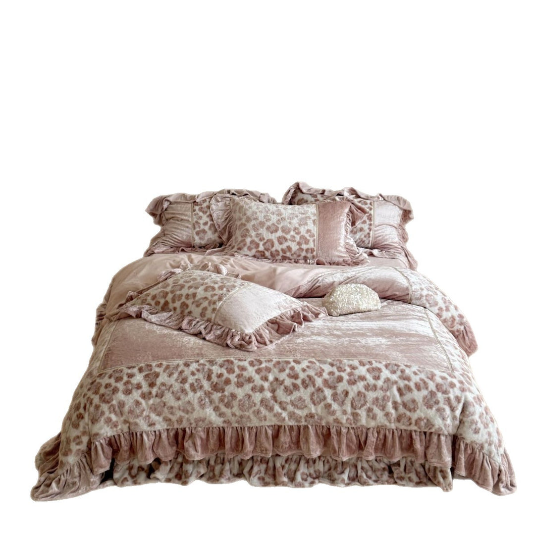 Rüsche Samt Leopard-Print Quilde Bettbezug Set