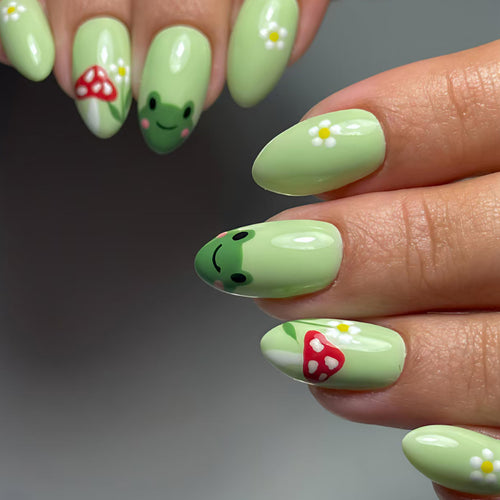 Kunstnägel mit Niedlichem Frosch- und Blumenmotiv Karnz