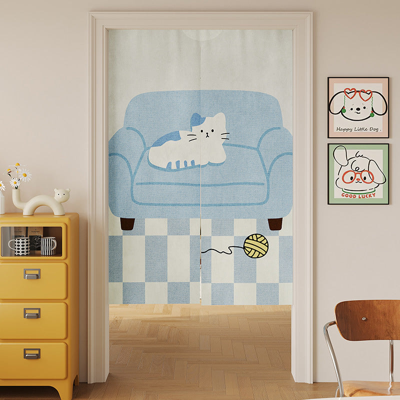 Split Noren Doorway Curtain with Cat-on-Sofa Illustration and Playful Yarn Motif
