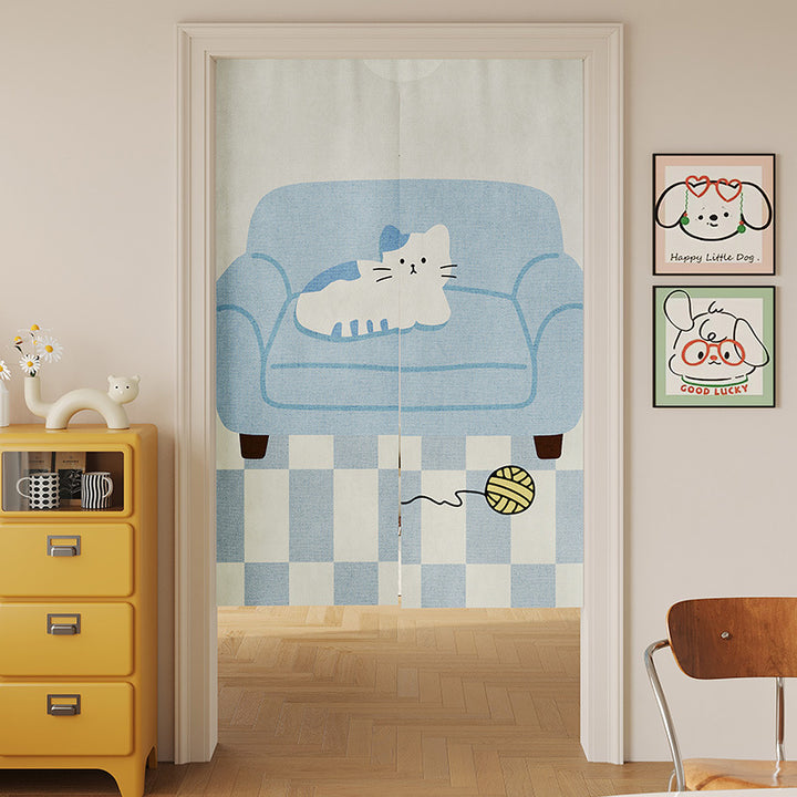 Split Noren Doorway Curtain with Cat-on-Sofa Illustration and Playful Yarn Motif