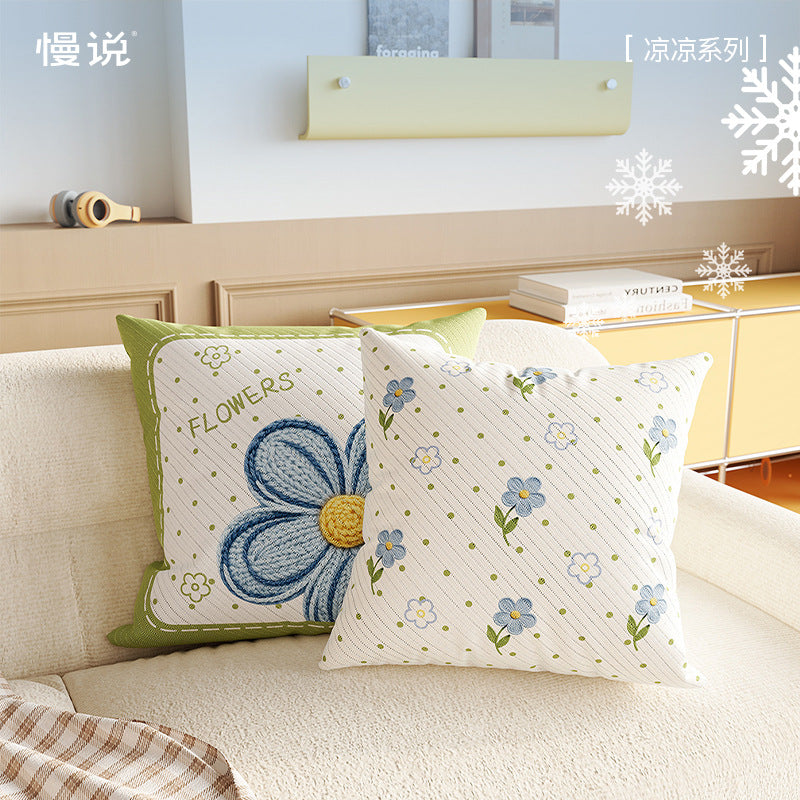 Decorative Embroidered Floral Cotton-Linen Throw Pillow Cover with Diagonal Rib Texture