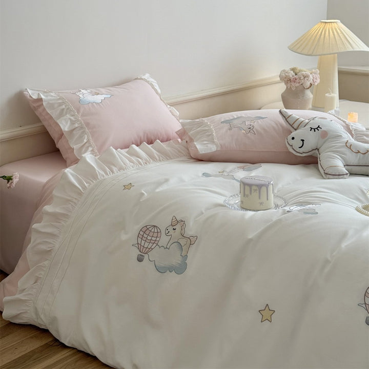 Prinzessin Einhorn Besticktes Rüschende Bettbezug-Set