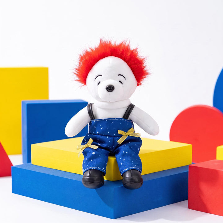 Plüschbären-Charakterpuppe mit Kunstfell-Mohawk und Latzhose Karnz