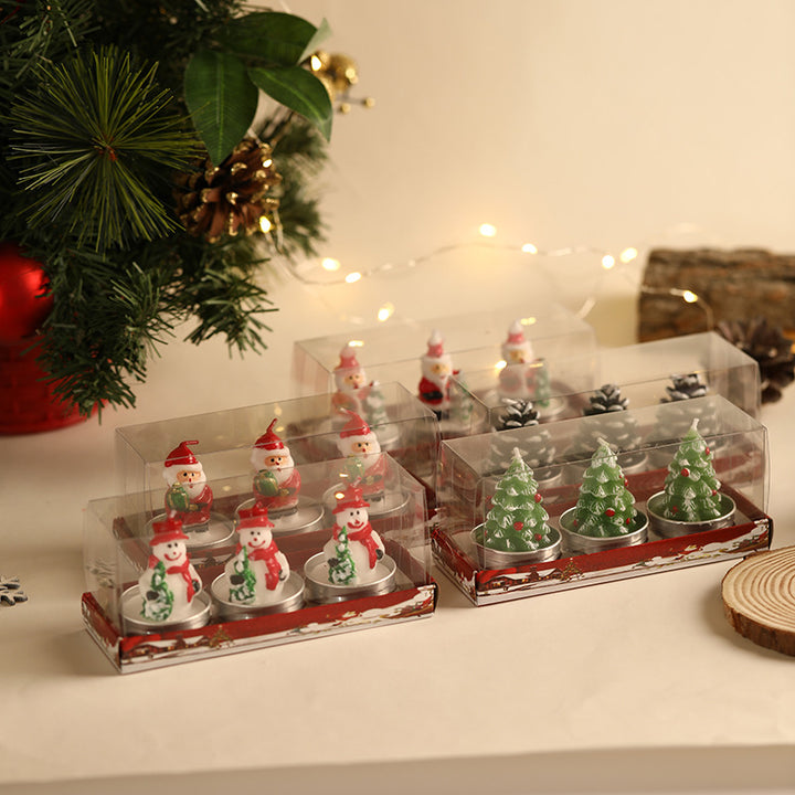 Miniatur Weihnachts Skulptur Tee Licht Kerzen Set mit Metallbecher Neuheit Weihnachtsmann Schneemann Tannenzapfen Baum Designs