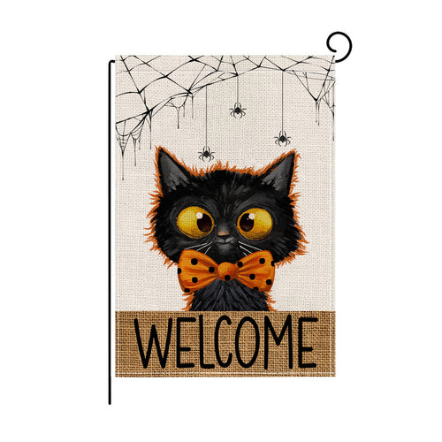 Dekorative Halloween-Jute-Textur-Willkommensgartenflagge mit schwarzer Katzenillustration